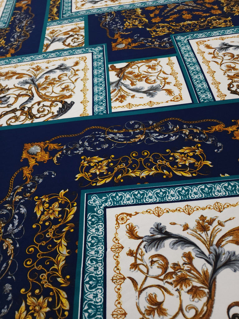 Navy Blue and Gold Venetian Techno Print Fabric 62 inch Wide (Sold By The Roll) - 50 Yards - LushesFabrics
