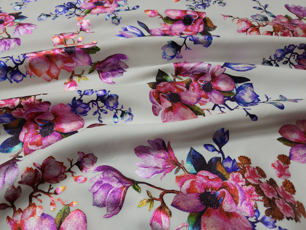 Pink White Floral Techno Foil Print Fabric 60 inch Wide (Sold By The Roll) - 50 Yards - LushesFabrics