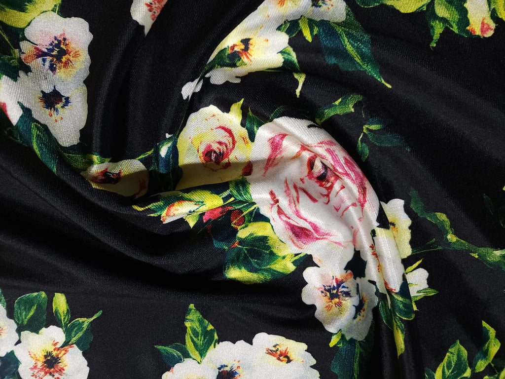 Black Floral Print Stretch Velvet Fabric 55 inch Wide (Sold By The Roll) - 50 Yards - LushesFabrics