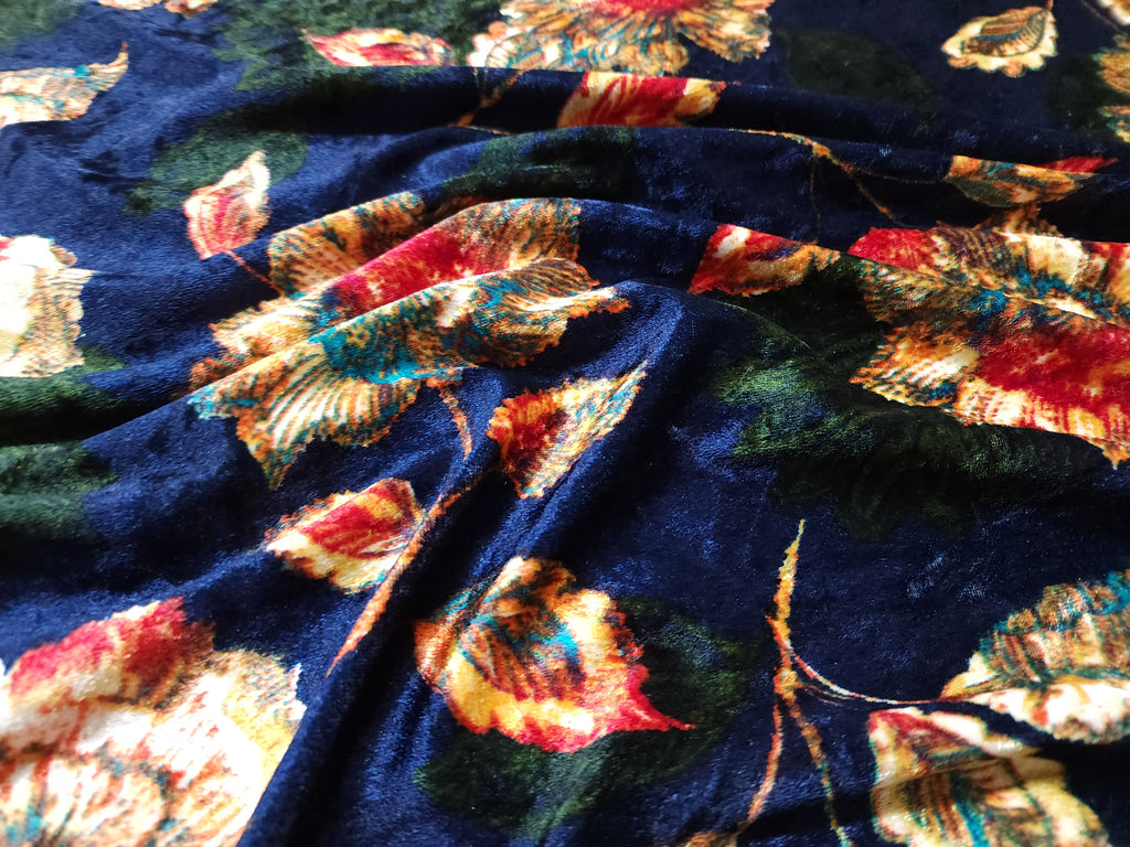 Blue Floral Print Stretch Crushed Velvet Fabric 60 inch Wide (Sold By The Roll) - 50 Yards - LushesFabrics