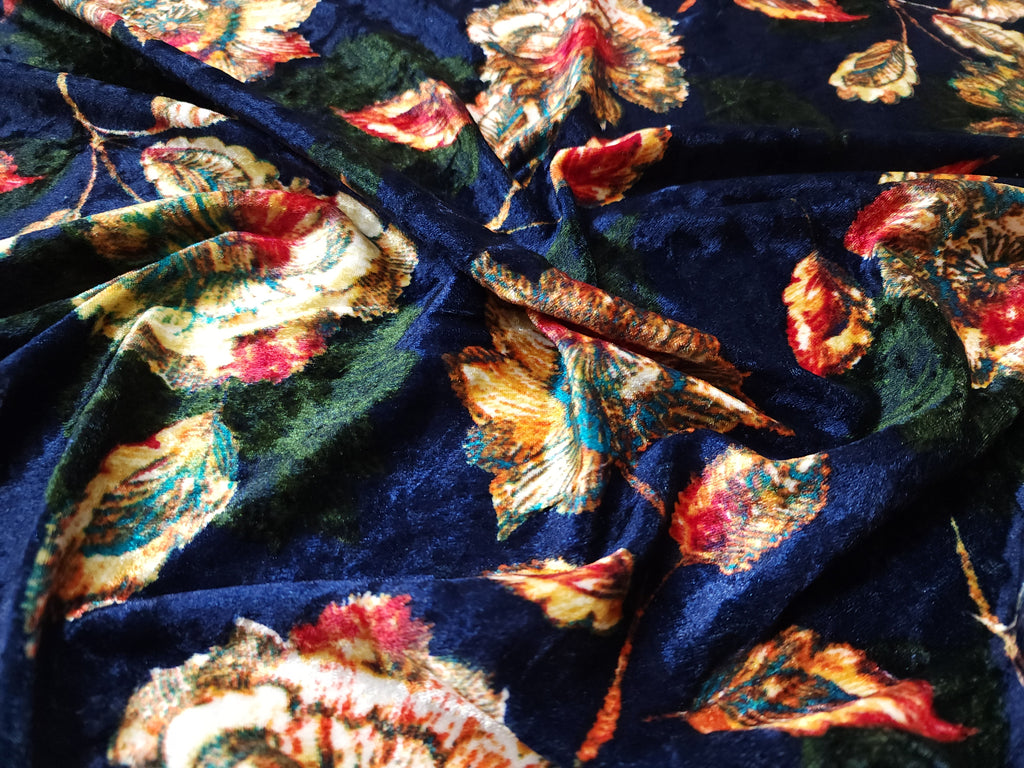 Blue Floral Print Stretch Crushed Velvet Fabric 60 inch Wide (Sold By The Roll) - 50 Yards - LushesFabrics