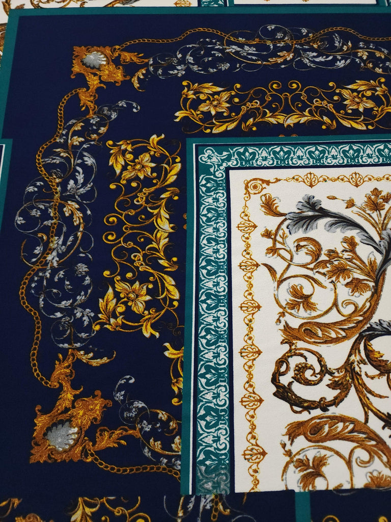Navy Blue and Gold Venetian Techno Print Fabric - LushesFabrics