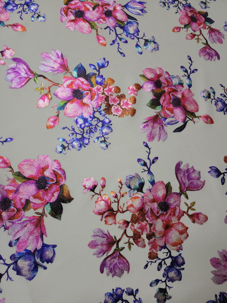 Pink White Floral Techno Foil Print Fabric - LushesFabrics