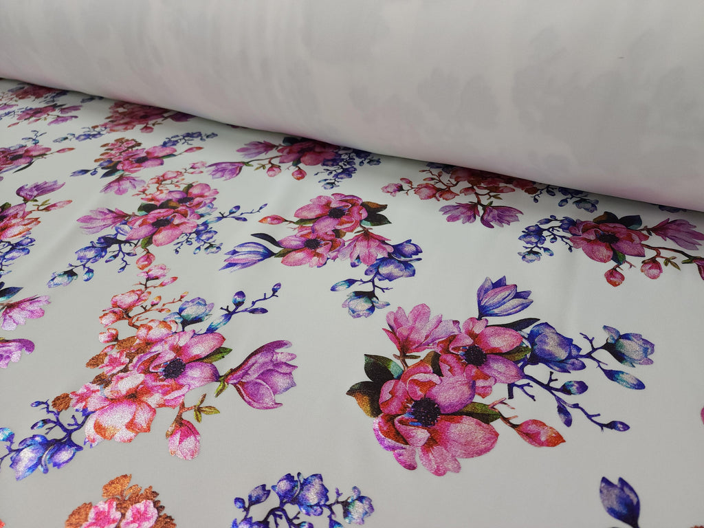 Pink White Floral Techno Foil Print Fabric - LushesFabrics