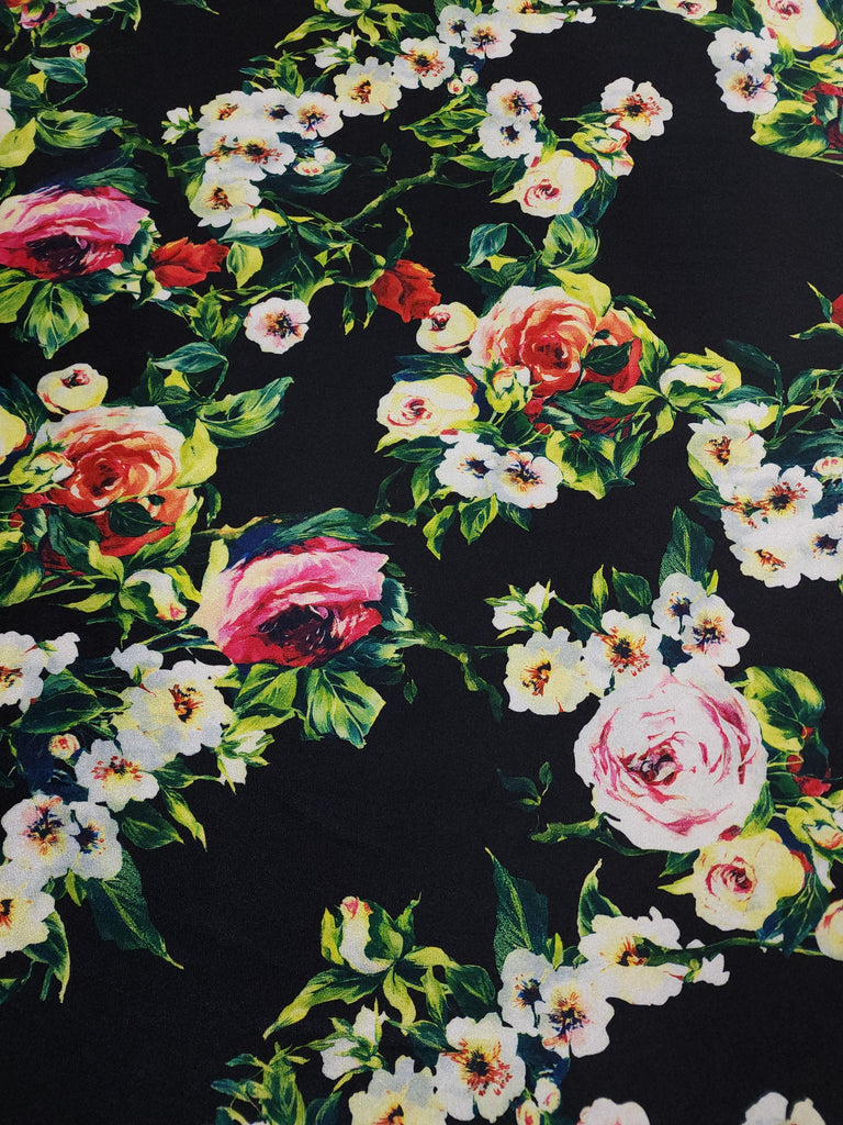 Black Floral Print Stretch Velvet Fabric - LushesFabrics