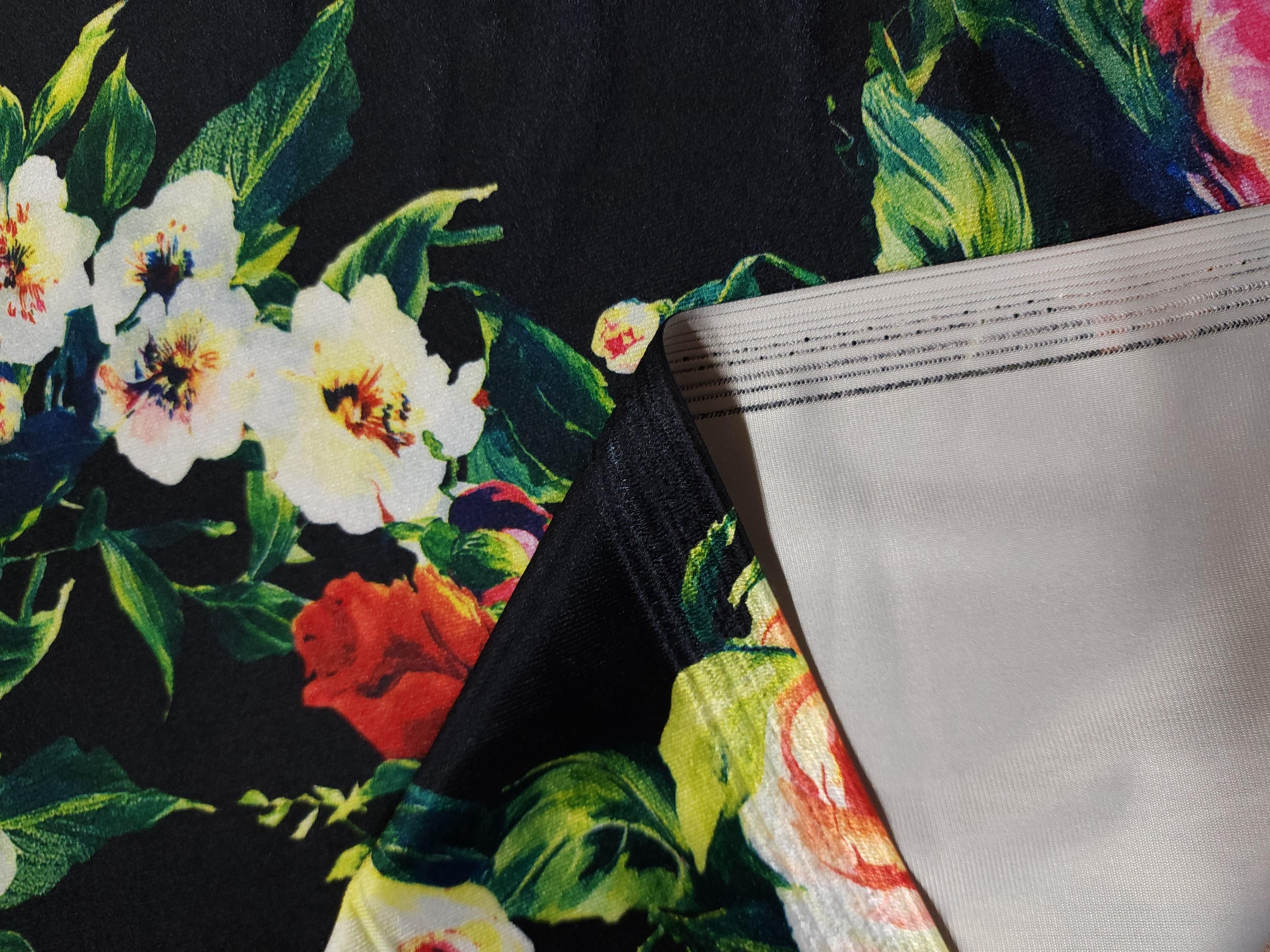 Black Floral Print Stretch Velvet Fabric