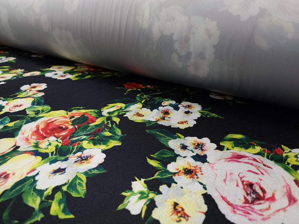 Black Floral Print Stretch Velvet Fabric - LushesFabrics
