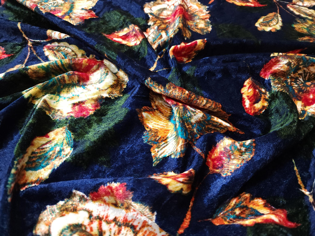 Blue Floral Print Stretch Crushed Velvet Fabric - LushesFabrics