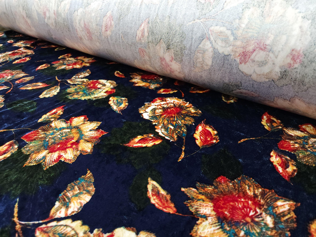 Blue Floral Print Stretch Crushed Velvet Fabric - LushesFabrics